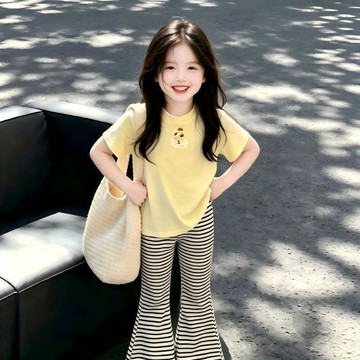 Mini baby🌷中大童夏季套裝女童多巴胺卡通印花短袖T恤+喇叭褲兩件套裝