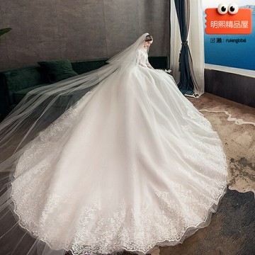 【奢華大拖尾】主婚紗 新娘婚紗 結婚紗 長袖婚紗 一字肩婚紗 赫本風婚紗 蕾絲刺繡 2024新款 高級定製 婚禮儀式主紗