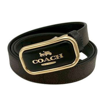 【COACH】方頭 LOGO女款細皮帶(金頭/深咖)