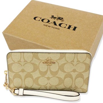 【COACH】C LOGO手掛式零錢袋長夾禮盒(米白)