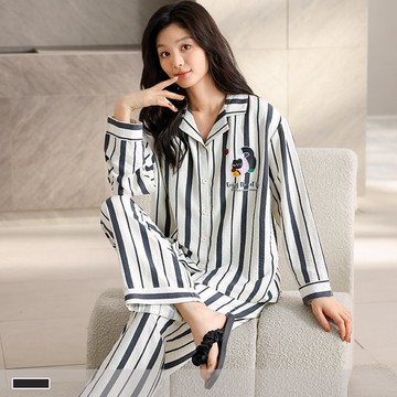 成套睡衣【雲感棉】貓語條紋 肌理感排釦長袖長褲 居家服 35956