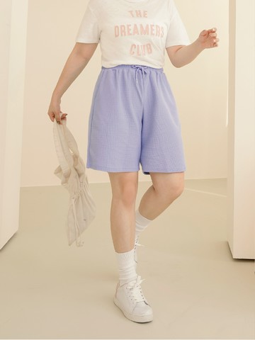 純色華夫格鬆緊綁帶五分寬褲