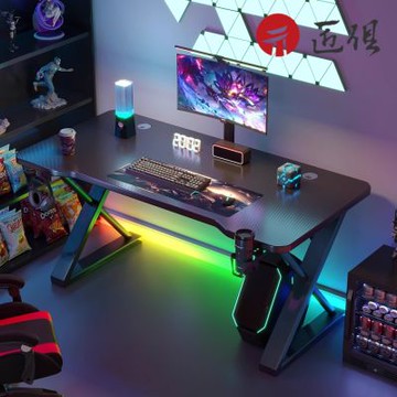 電競房碳纖維紋路電腦桌 附耳機架 水杯托 120x60x75CM 電競桌 電腦桌 X型桌腿 臥室書桌