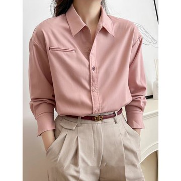 2024新款秋裝高級感輕奢粉色襯衫設計感小眾氣質通勤寬松長袖上衣