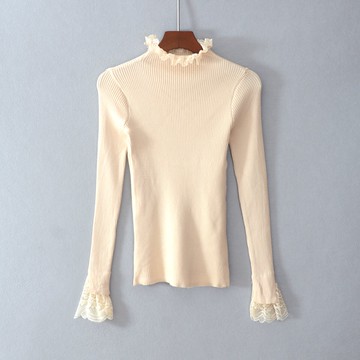 春秋款女裝修身簡約長袖純色荷葉邊半高圓領針織衫打底衫