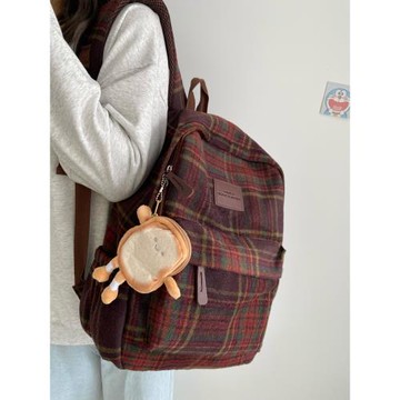 日系復古格紋雙肩包女 ins毛呢秋冬新款書包小眾款學生電腦背包女