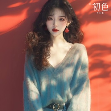 初色 慵懶風休閒暈染柔軟寬鬆V領長袖針織毛衣上衣女上衣-藍色-37372(F可選)