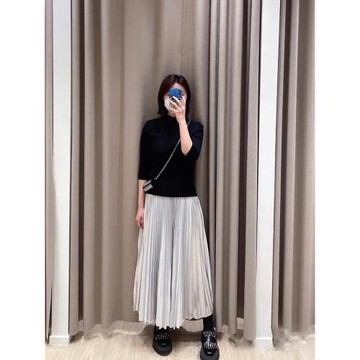 MJ家IULV2025春季新款女裝松緊腰銀色高級感亮面百褶中長款半身裙