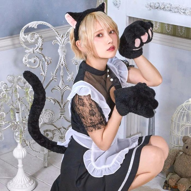 お待たせ! 猫耳 カチューシャ 肉球手袋 尻尾 猫コスプレ 黒猫３点セット ハロウィン仮装