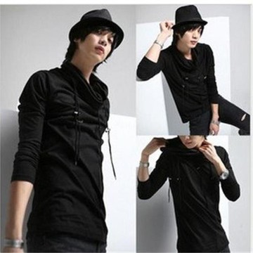 春秋季韓版新款潮男裝超帥氣垂領打底堆堆領男生百搭舒適長袖T恤