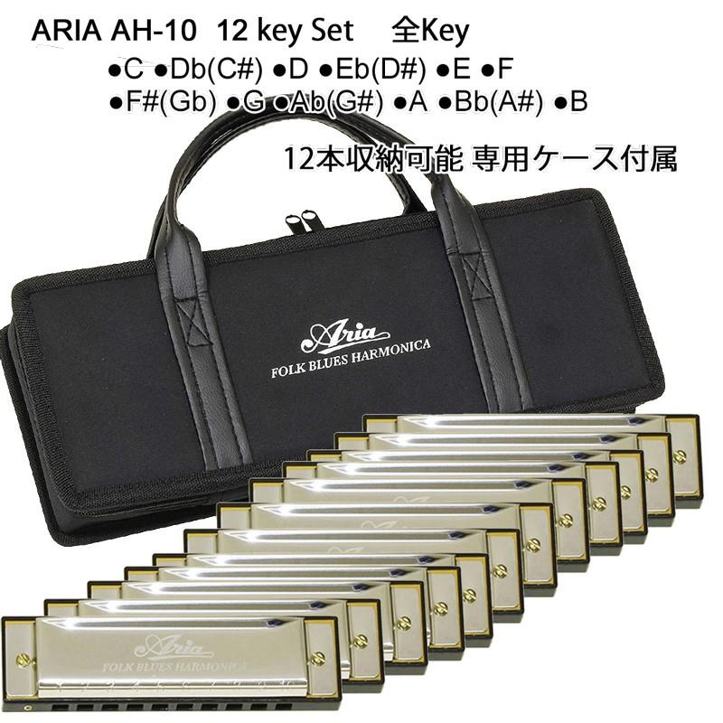 アリア 10ホールズハーモニカ　ブルースハープ 12キー セット　ARIA AH-10 12key SET 10Holes Harmonica