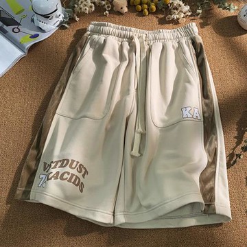 美式復古短褲男夏季潮牌高街帥氣中褲寬松運動卡其色拼接籃球褲子