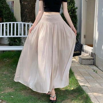 【桃喜Rich女裝】多色可選 飄逸流光紗絲滑垂感a字半身裙女 夏季高腰冰絲梨形遮胯長裙 百搭顯瘦半身裙