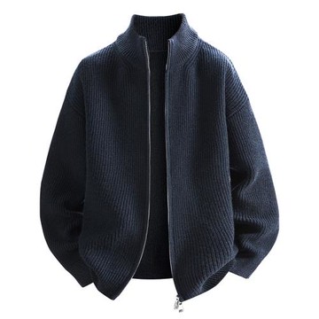 立領針織開衫男士秋季休閑毛衣外套粗線高級感品質毛衫夾克純色款