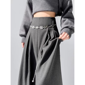 灰色加厚毛呢高級感西裝褲褲子女秋季小個子寬松大褲腳闊腿裙長褲