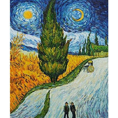 Real Hand Painted Road with Cypress and Star Canvas Oil Painting for Home Wall Art Decoration, Not a Print  Giclee  Poster並行輸入