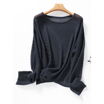 夏季薄款冰絲亞麻長袖防曬縷空針織罩衫女寬松百搭套頭針織衫上衣