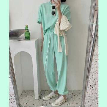 ANNAS 正韓 馬卡龍 套裝 短袖 T 上衣 長褲 褲子 休閒褲 縮口褲 棉質 糖果色 抽繩 可愛 素面 韓國