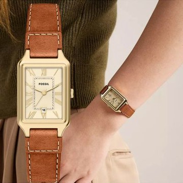 FOSSIL Raquel 羅馬方形皮帶女錶 七夕浪漫購 送禮首選-金x棕色/23x31mm ES5504