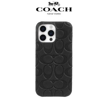 【COACH】iPhone 15 Pro 精品真皮手機殼 黑色壓花經典大C