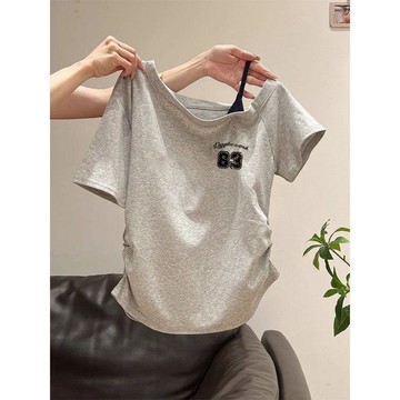 【美式復古】斜肩設計感 小眾拼接 短袖T恤 女 夏季 假兩件 吊帶 修身 上衣 短袖上衣 美式復古上衣 美式短袖T恤