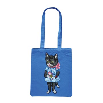 日本 8mw - 貓咪立體刺繡肩背托特包-寶藍