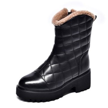 JP Queen New York 精品菱格粗跟保暖內裡加絨短筒靴(黑色)