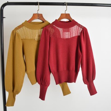 外單撤柜蕾絲拼接針織衫短款燈籠袖圓領上衣純色套頭毛衣打底