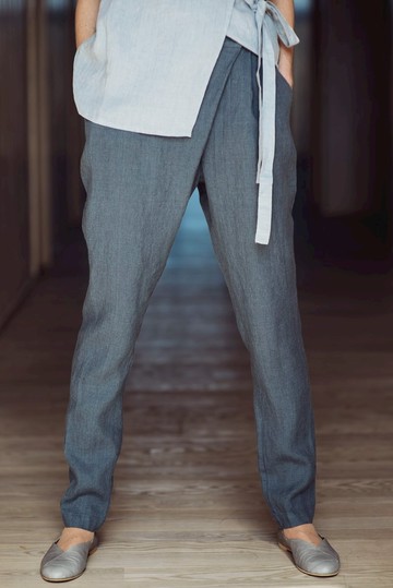 Motumo麻長褲，正面有褶皺 - 14K3