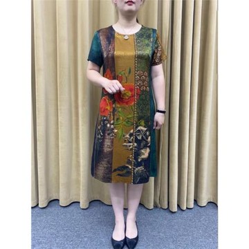 顧文華服裝媽媽裝夏季新款牡丹花絲緞連衣裙過膝寬松遮肚短袖裙子