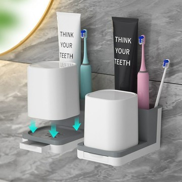 🚰【衛浴美學升級】創意壁掛式刷牙杯架｜電動牙刷置物架+瀝水漱口杯 高顏值設計｜節省檯面 整潔收納 家用必備 推薦首選