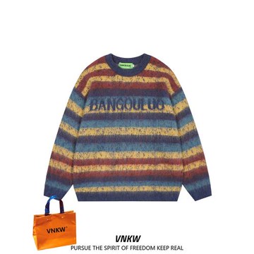 美式街頭漸變刺繡字母圓領毛衣男秋冬美拉德慵懶風情侶百搭針織衫