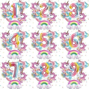 臺灣-出貨🔥【新款熱銷】ins風獨角獸數字氣球套裝寶寶生日宴彩虹1-9生日派對氣球裝飾布置 BWVV