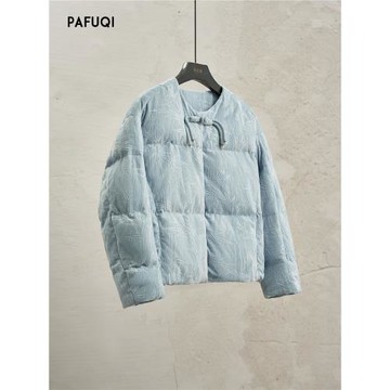 (免運)改良新中式棉服女秋冬藍色盤扣寬松短款廓形外套國風女裝2025新款