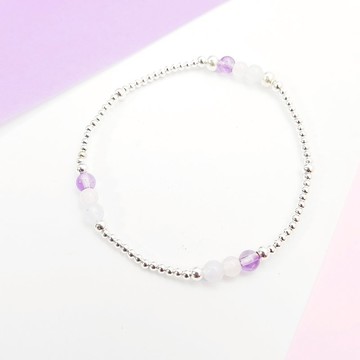 喜孜孜小石子~紫水晶_粉水晶_藍紋瑪瑙純銀彈性手環