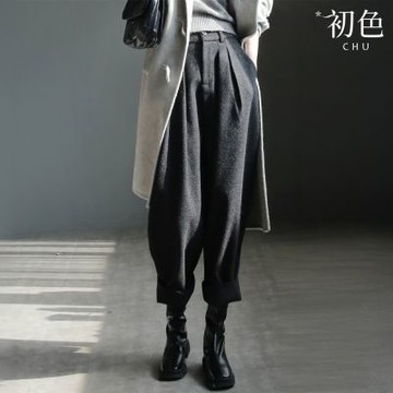 初色 簡約純色垂墜感毛呢顯瘦闊腿哈倫西裝褲寬褲九分長褲-共2色-16423(M-2XL可選)