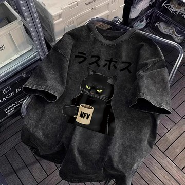 日系黑貓水洗T恤 美式復古短t 洗水做舊短袖 復古做舊寬鬆短袖 oversize 大尺碼上衣 ins風百搭短袖 短tee