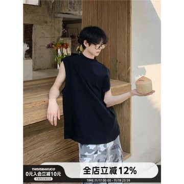 白口陽【加州夜車】搭配一切小領口無袖背心休閑寬松套頭重磅T恤