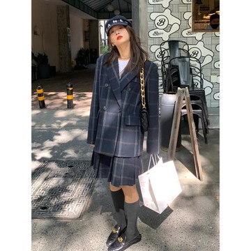 落落狷介冬裝搭配一整套兩件套毛呢外套格子套裝秋冬女+A字半身裙