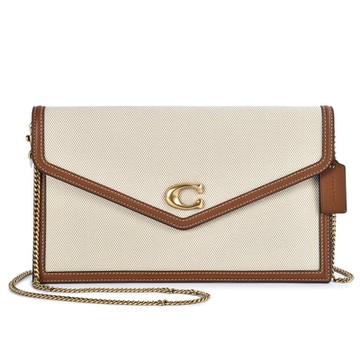 COACH 簡約帆布拼接皮革信封大手拿包(附斜背鏈帶)-米白/咖啡色