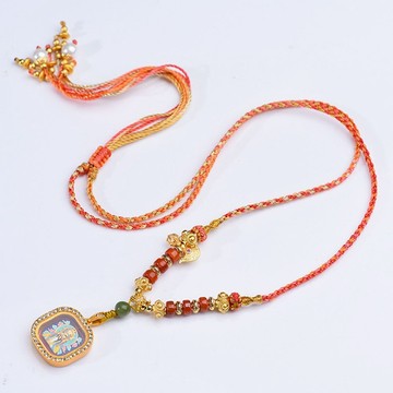 項鍊 復古項鍊 財神 補財庫 手工編織 唐卡 手繪 編繩 新中式 文玩 招財 守護神 護身符 方形吊墜 配件 飾品240