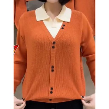 翻領假兩件套頭針織衫女2024春季新款洋氣百搭寬松顯瘦媽媽裝上衣