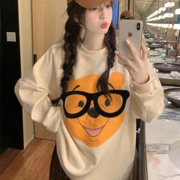 oversize小熊衛衣女加絨加厚2025秋冬款中長款遮屁股寬松圓領上衣