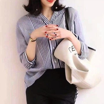 文藝條紋拼色棉麻襯衫休閒寬鬆薄版上衣-設計所在