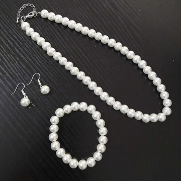 【RJ New York】簡約低調時尚女款珍珠項鍊耳環手鍊套組(白色)