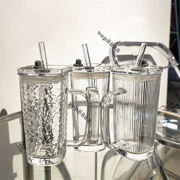 桃園出貨玻璃盃簡約ins盃子女新款2024高顔值水盃耐高溫帶把手吸管牛奶盃