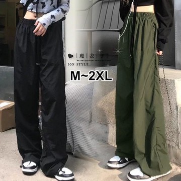【QV3677】魔衣子-潮流穿搭‧單色街頭風寬鬆闊腿鬆緊腰束腳長褲