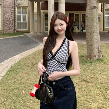臺灣出貨 免運美式甜辣chic格子無袖掛脖吊帶背心女夏季外穿修身海邊穿搭小上衣0911