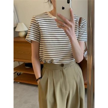 純棉華夫格條紋短袖T恤女ins潮寬松慵懶風上衣百搭體恤春夏打底衫