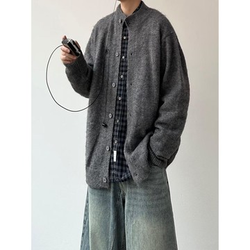 秋冬季新款寬鬆休閒針織高級感上衣男復古圓領小外套毛衣男